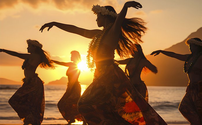 Hula dancers performing on a beach at sunset with mountains in the background | MSC Cruises Hula dancers performing on a beach at sunset with mountains in the background | MSC Cruises