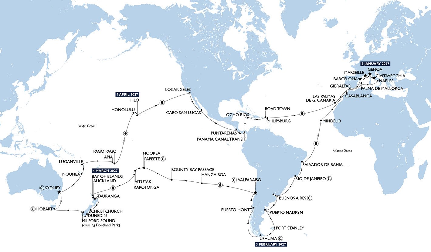 Rota global do MSC World Cruise 2027 pelo Mediterrâneo, Américas, Pacífico e Oceania.