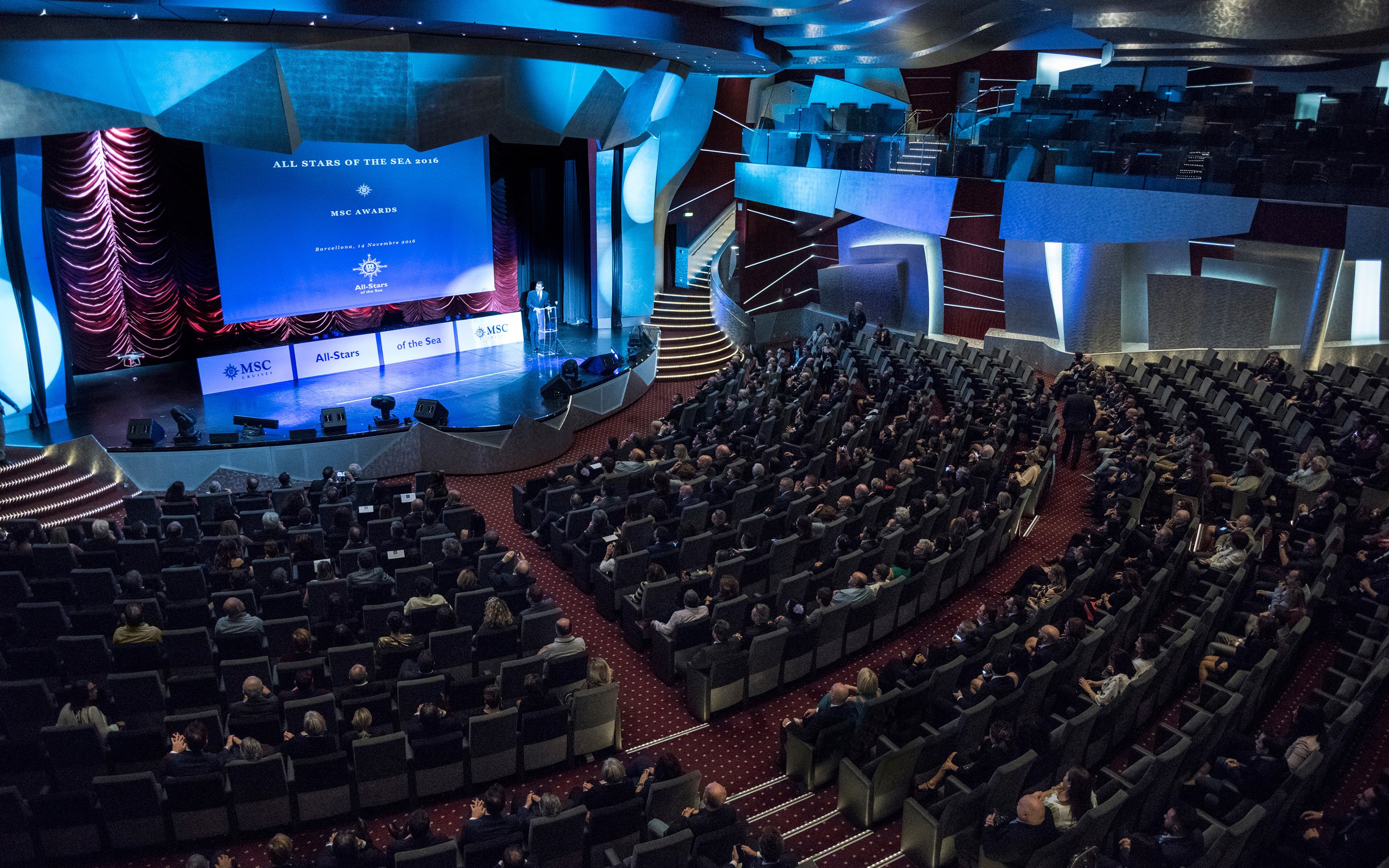 An elegant theater aboard an MSC cruise ship hosting the All Stars of the Sea awards ceremony | MSC Cruises