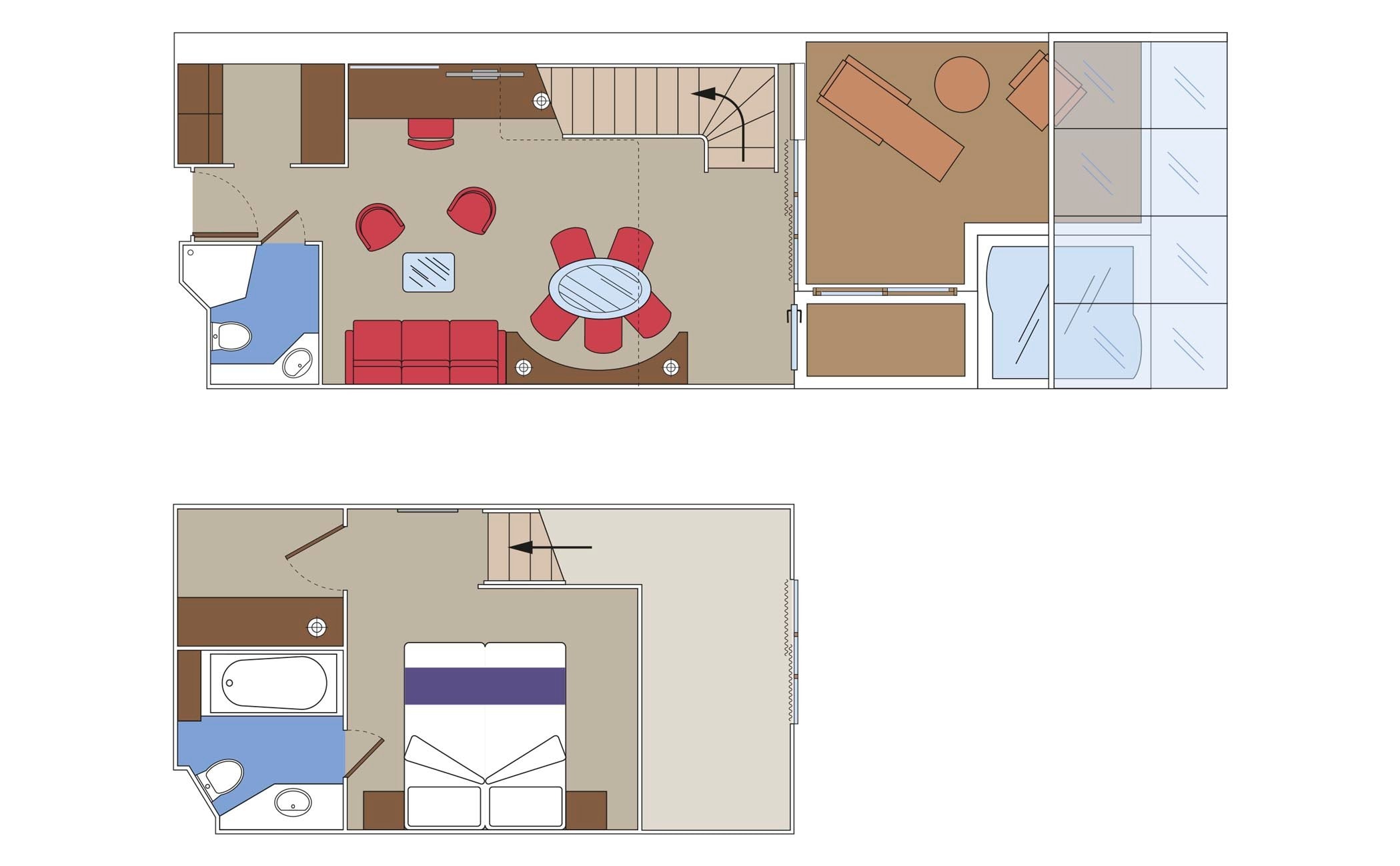 Duplex suite layout with living area, private balcony, hot tub, and bedroom on MSC cruise ship | MSC Cruises Duplex suite layout with living area, private balcony, hot tub, and bedroom on MSC cruise ship | MSC Cruises