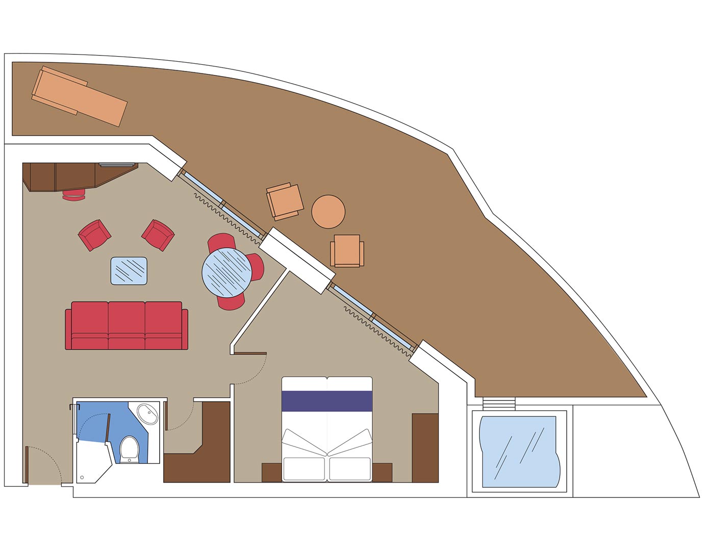Suite floor plan with bedroom, living area, bathroom, and large private balcony | MSC Cruises Suite floor plan with bedroom, living area, bathroom, and large private balcony | MSC Cruises