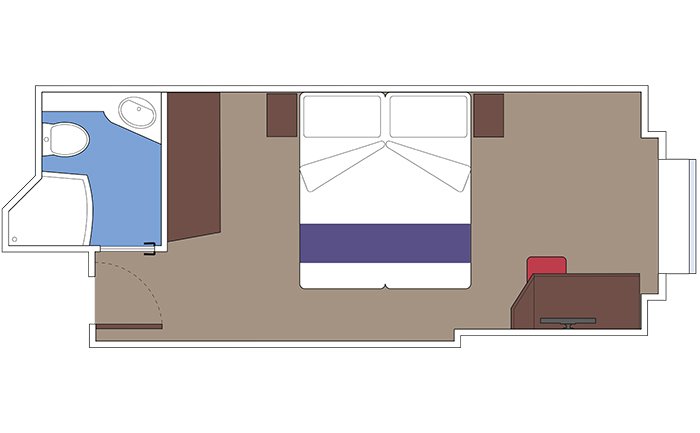 Layout of a cruise ship cabin with bed, bathroom, and desk | MSC Cruises