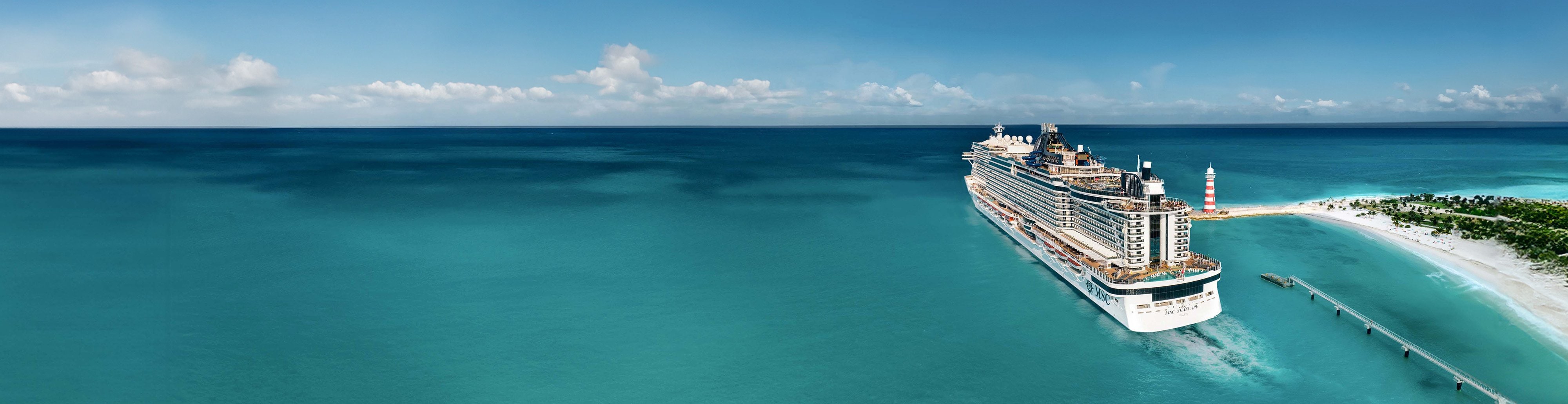 MSC Seascape cruise ship sailing past the lighthouse of their private Island Ocean Cay. Add and save with MSC Cruise deals on your next vacation. MSC Seascape cruise ship sailing past the lighthouse of their private Island Ocean Cay. Add and save with MSC Cruise deals on your next vacation.