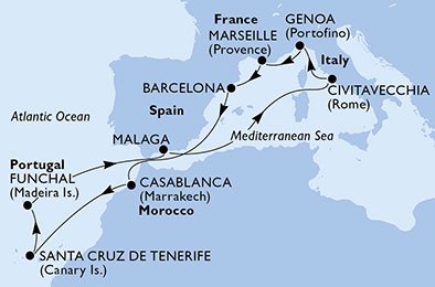 Itália, França, Espanha, Marrocos, Portugal