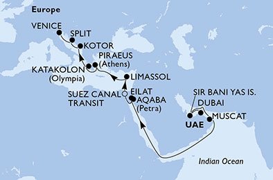 Emirados Árabes Unidos, Oman, Israel, Jordânia, Egito, Chipre, Grécia, Montenegro, Croácia, Itália