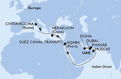 Itália, Grécia, Egito, Jordânia, Oman, Catar, Emirados Árabes Unidos