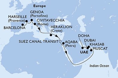 Espanha, França, Itália, Grécia, Egito, Jordânia, Oman, Catar, Emirados Árabes Unidos