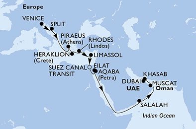 Itália, Croácia, Grécia, Chipre, Egito, Israel, Jordânia, Oman, Emirados Árabes Unidos