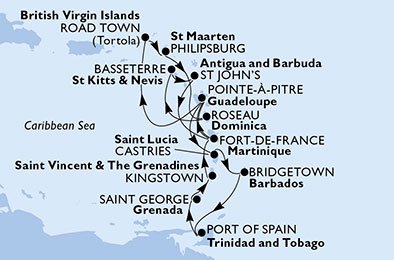 Martinique, Guadalupe, Santa Lucia, Barbados, Trinidade e Tobago, Grenada, São Vicente e Granadinas, Ilhas Virgens (Reino Unido), St. Maarten, Dominica, São Cristóvão e Nevis, Antígua e Barbuda