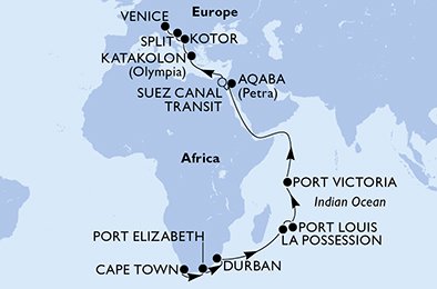África do Sul, Reunião, Maurício, Seychelles, Jordânia, Egito, Grécia, Montenegro, Croácia, Itália