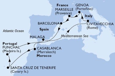 Itália, França, Espanha, Marrocos, Portugal
