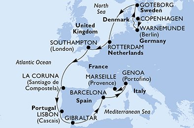 Dinamarca, Alemanha, Suécia, Holanda, Reino Unido, Espanha, Portugal, Gibraltar, Itália, França