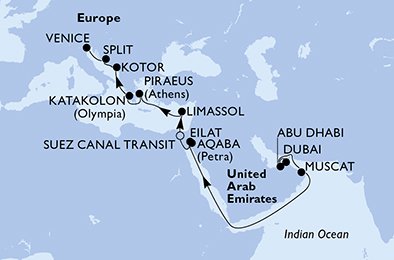 Emirados Árabes Unidos, Oman, Israel, Jordânia, Egito, Chipre, Grécia, Montenegro, Croácia, Itália